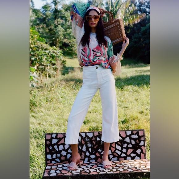 Anthropologie Pilcro White Denim Cropped Wide-Leg Jeans Size 30 - Picture 1 of 9